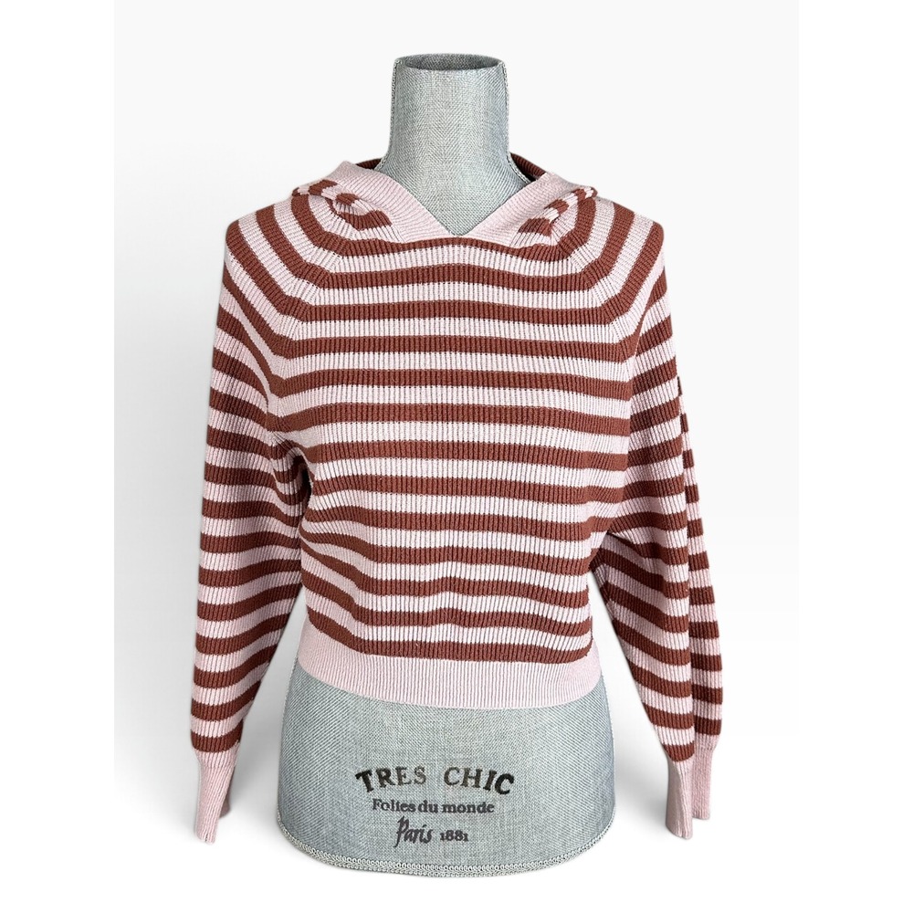American Eagle Pink Brown Striped Knit Hooded Sweater Crop,  Medium
